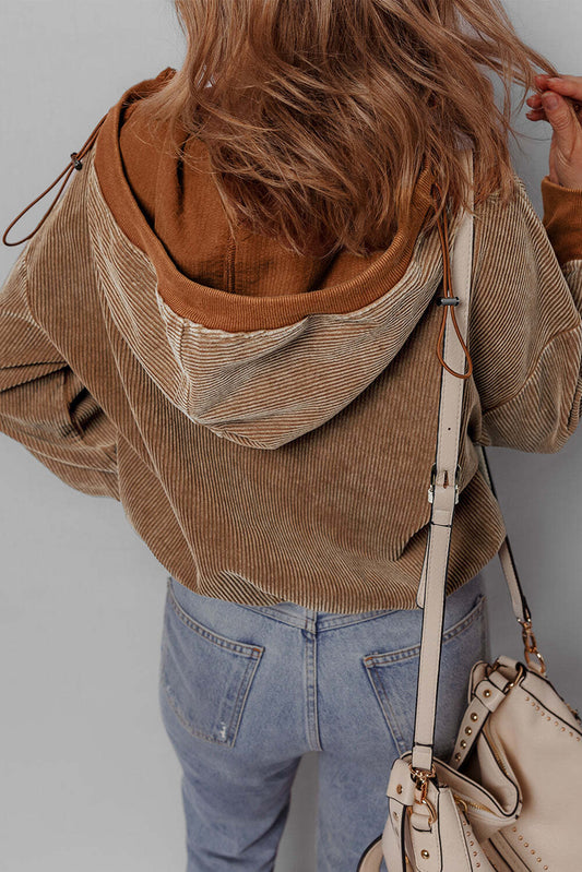 Chestnut Half Zipper Kangaroo Pocket Drawstring Corduroy Hoodie W2B