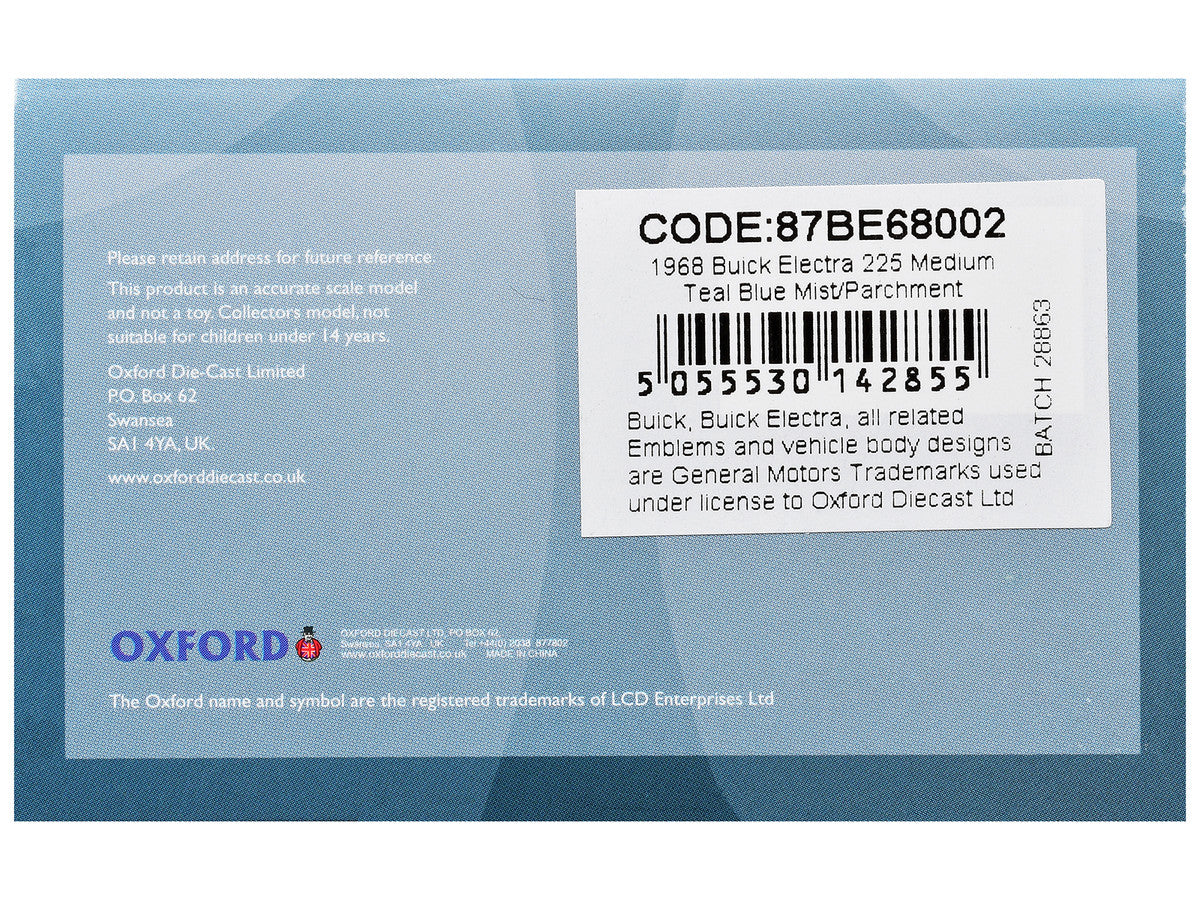 1968 Buick Electra 225 Teal Blue Mist Metallic with White Top and Blue Interior 1/87 (HO) Scale Diecast Model Car by Oxford Diecast Oxford Diecast