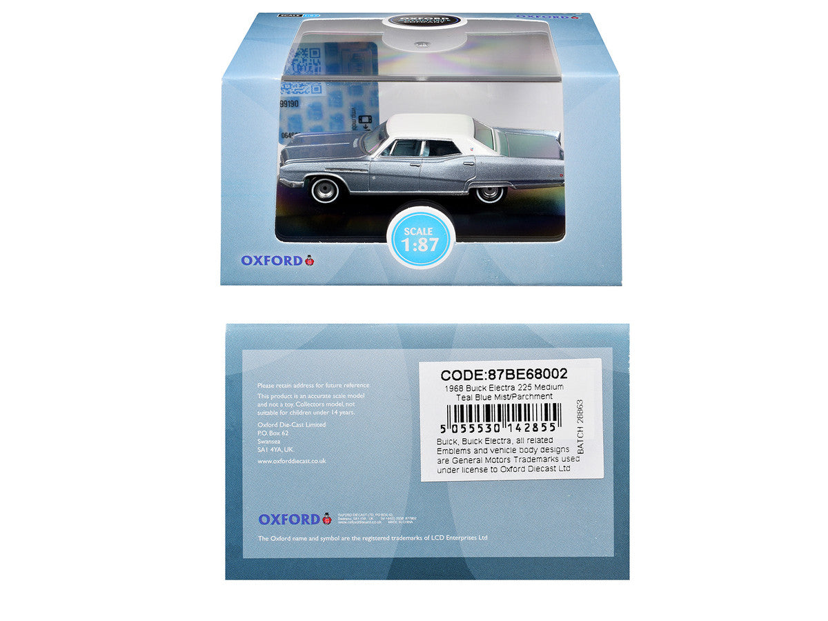 1968 Buick Electra 225 Teal Blue Mist Metallic with White Top and Blue Interior 1/87 (HO) Scale Diecast Model Car by Oxford Diecast Oxford Diecast