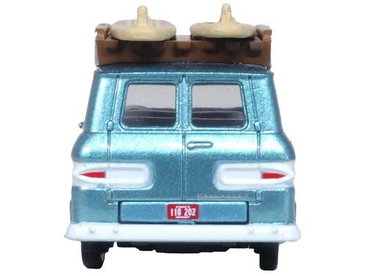 1961 Chevrolet Corvair Greenbrier Passenger Wagon Van Turquoise Metallic and Cameo White with Surfboards on Roof 1/87 (HO) Scale Diecast Model Car by Oxford Diecast Oxford Diecast