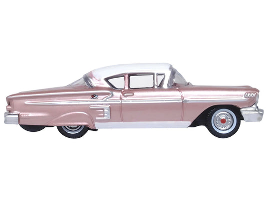 1958 Chevrolet Impala Sport Cay Coral Pink Metallic with White Top 1/87 (HO) Scale Diecast Model Car by Oxford Diecast Oxford Diecast