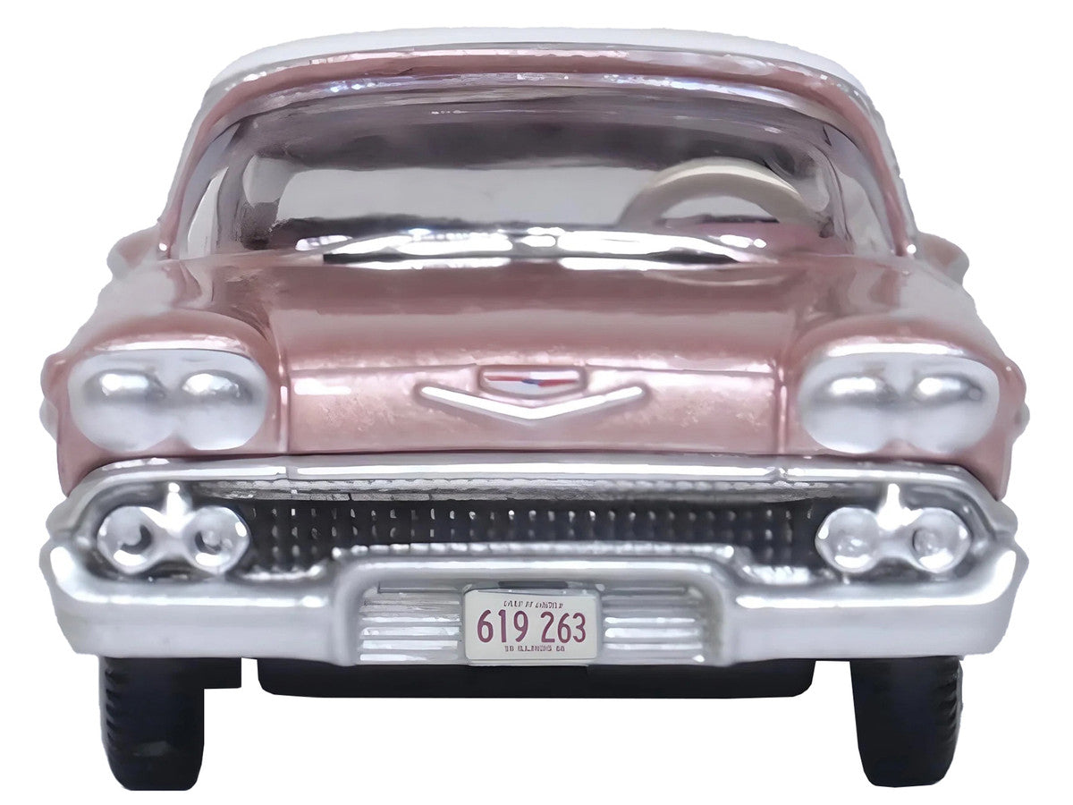 1958 Chevrolet Impala Sport Cay Coral Pink Metallic with White Top 1/87 (HO) Scale Diecast Model Car by Oxford Diecast Oxford Diecast