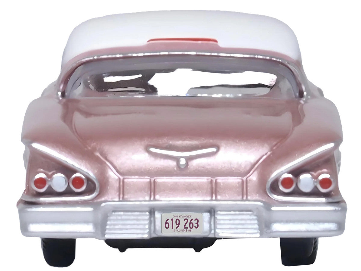 1958 Chevrolet Impala Sport Cay Coral Pink Metallic with White Top 1/87 (HO) Scale Diecast Model Car by Oxford Diecast Oxford Diecast
