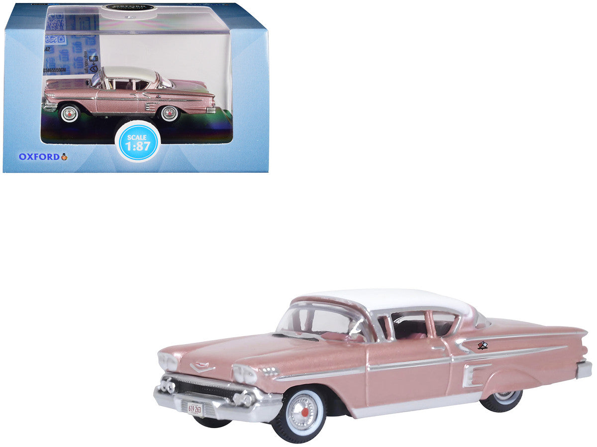 1958 Chevrolet Impala Sport Cay Coral Pink Metallic with White Top 1/87 (HO) Scale Diecast Model Car by Oxford Diecast Oxford Diecast