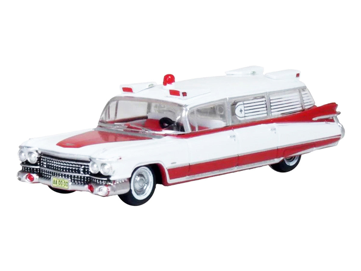 1959 Cadillac Miller-Meteor Ambulance Red and White 1/100 Scale Diecast Model Car by Oxford Diecast Oxford Diecast
