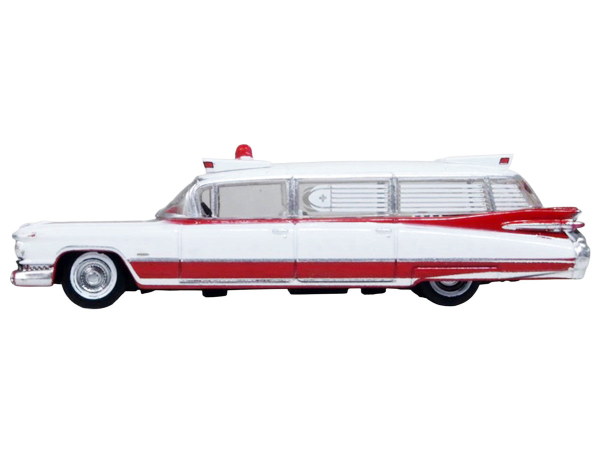 1959 Cadillac Miller-Meteor Ambulance Red and White 1/100 Scale Diecast Model Car by Oxford Diecast Oxford Diecast