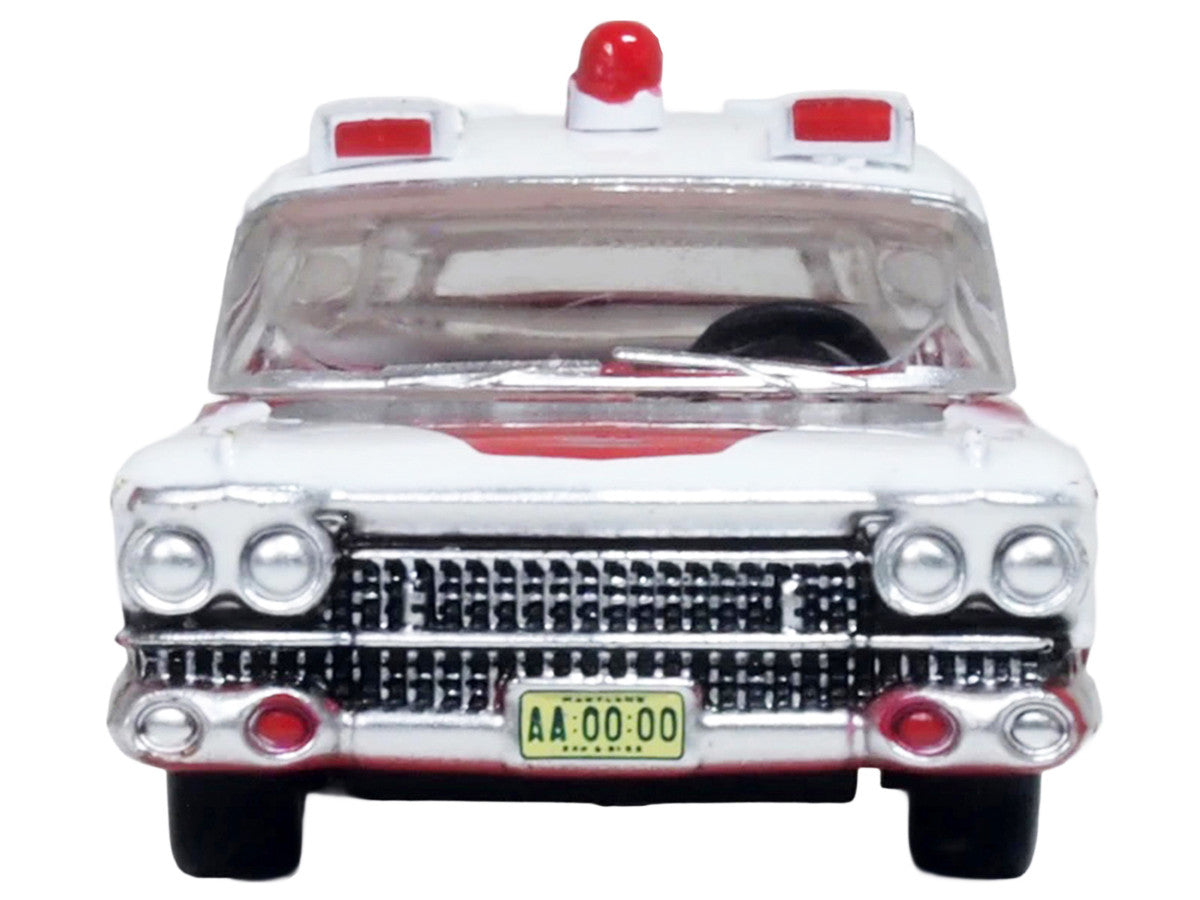 1959 Cadillac Miller-Meteor Ambulance Red and White 1/100 Scale Diecast Model Car by Oxford Diecast Oxford Diecast