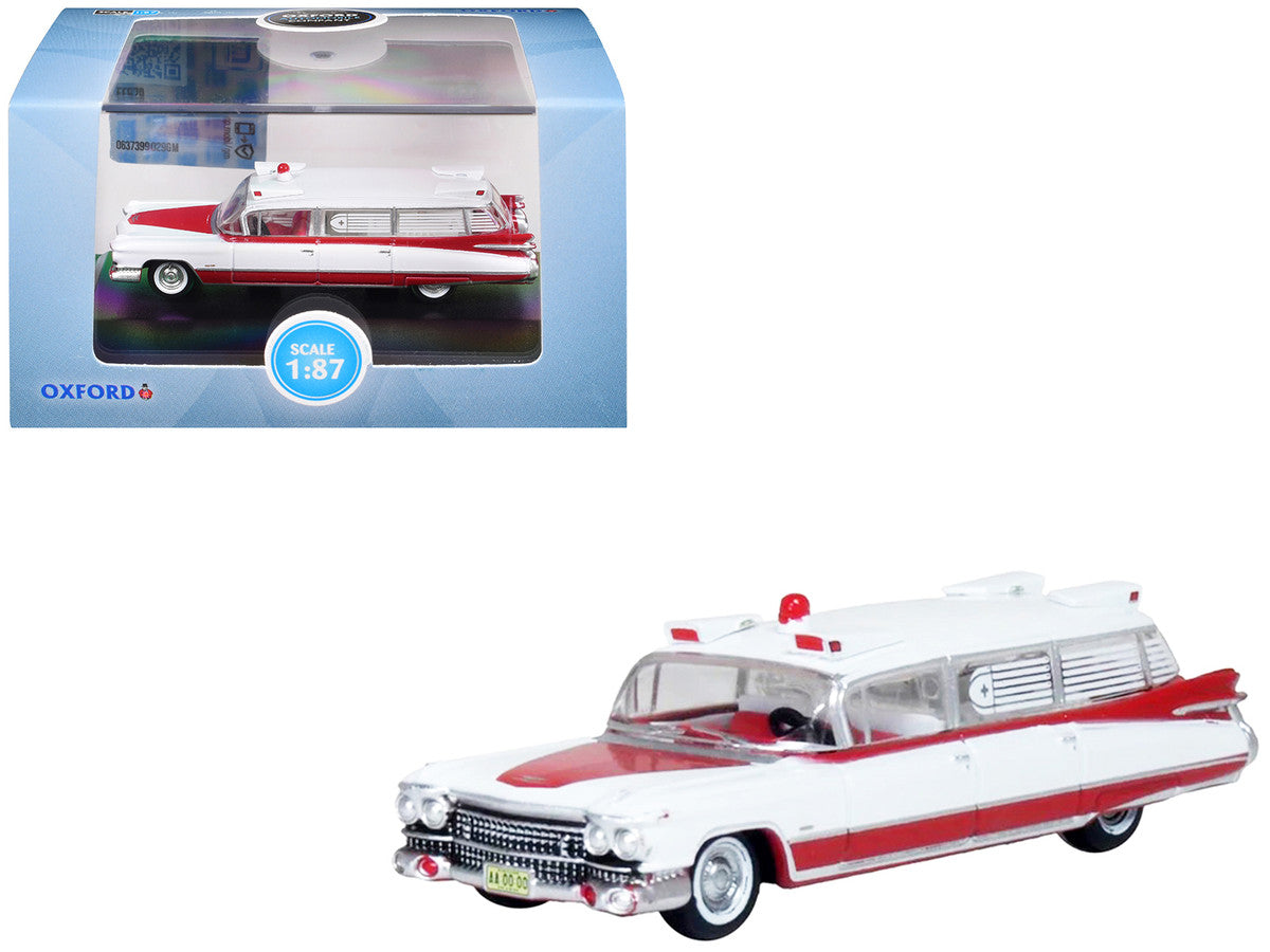 1959 Cadillac Miller-Meteor Ambulance Red and White 1/100 Scale Diecast Model Car by Oxford Diecast Oxford Diecast