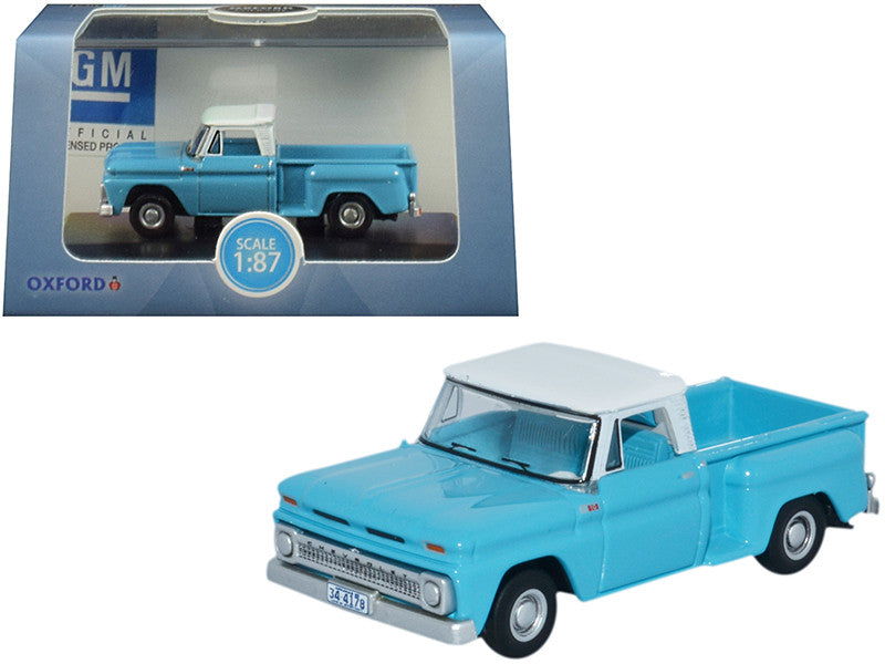 1965 Chevrolet C10 Stepside Pickup Truck Light Blue with White Top 1/87 (HO) Scale Diecast Model Car by Oxford Diecast-0