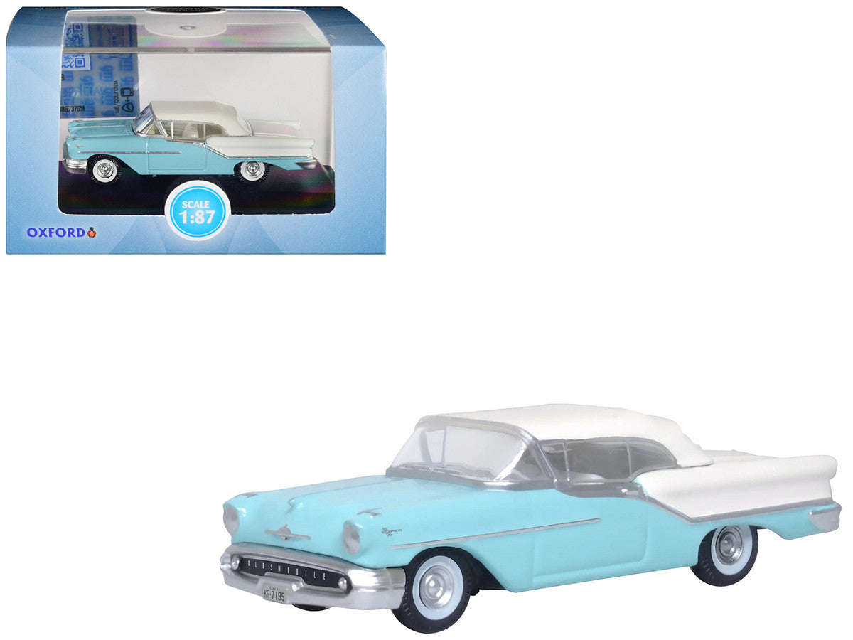 1957 Oldsmobile 88 Convertible (Top-Up) Banff Blue and Alcan White with White 1/87 (HO) Scale Diecast Model Car by Oxford Diecast Oxford Diecast
