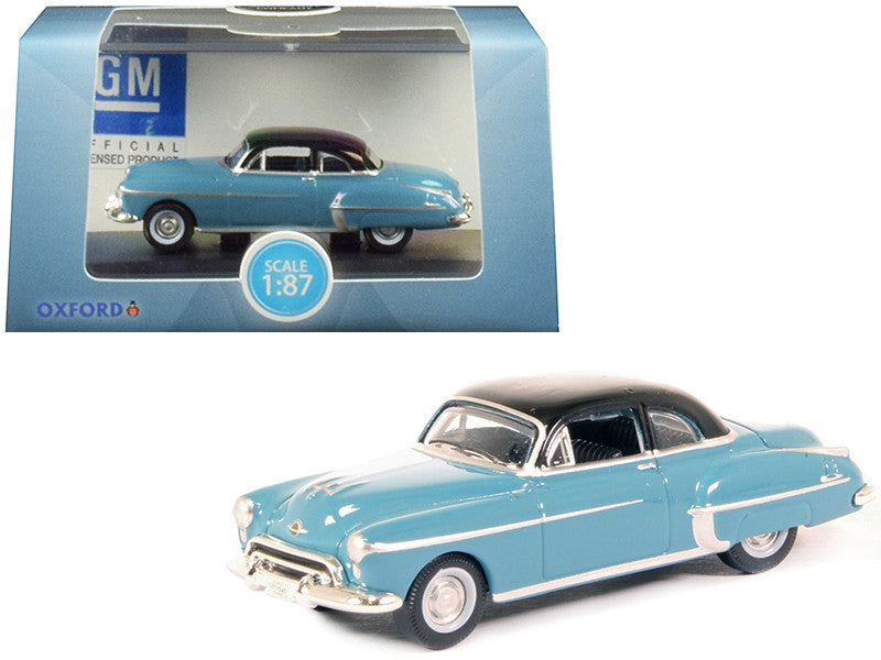 1950 Oldsmobile Rocket 88 Coupe Crest Blue with Black Top 1/87 (HO) Scale Diecast Model Car by Oxford Diecast-0