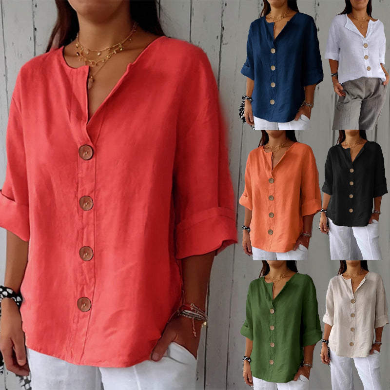 Loose-fit Women's V-neck Cotton-Linen Button T-shirt Top LadyShow.Store