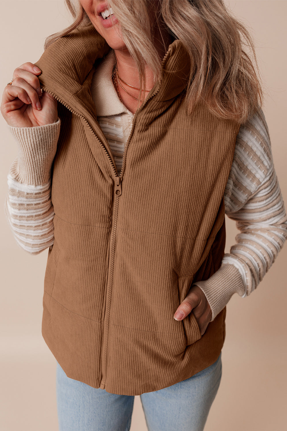 Natalia Corduroy Zipped Puffer Vest-2