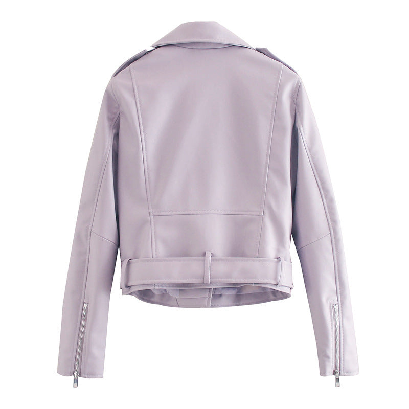 Women's Belted Motorcycle Jacket - Street Hipster Faux Leather Coat with Suit Collar (Black/Purple/Beige, XS-L) LadyShow.Store