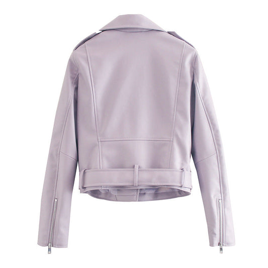 Women's Belted Motorcycle Jacket - Street Hipster Faux Leather Coat with Suit Collar (Black/Purple/Beige, XS-L) LadyShow.Store