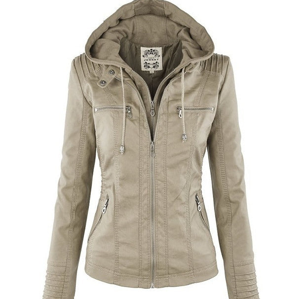 Women's Detachable Lapel Long Sleeve Solid Color Zipper Leather Jacket Coat LadyShow.Store