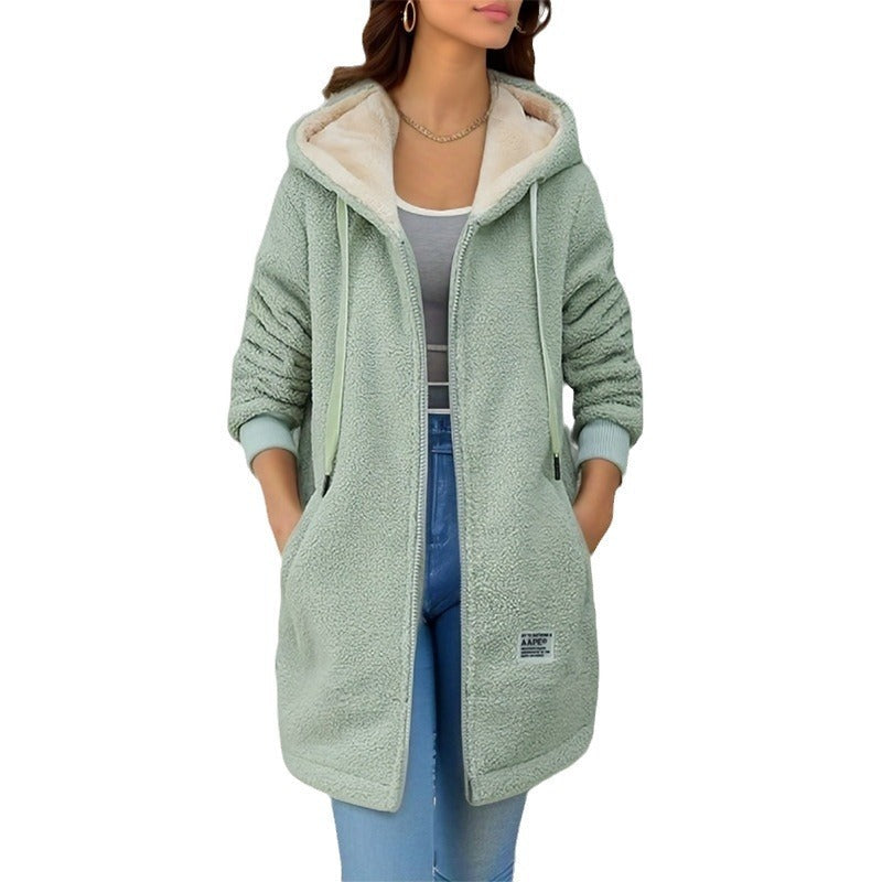 Winter Fleece Hooded Jacket Fashion Casual Zip-up Pockets Long Sweatshirt Warm Commuter Women's Clothing LadyShow.Store