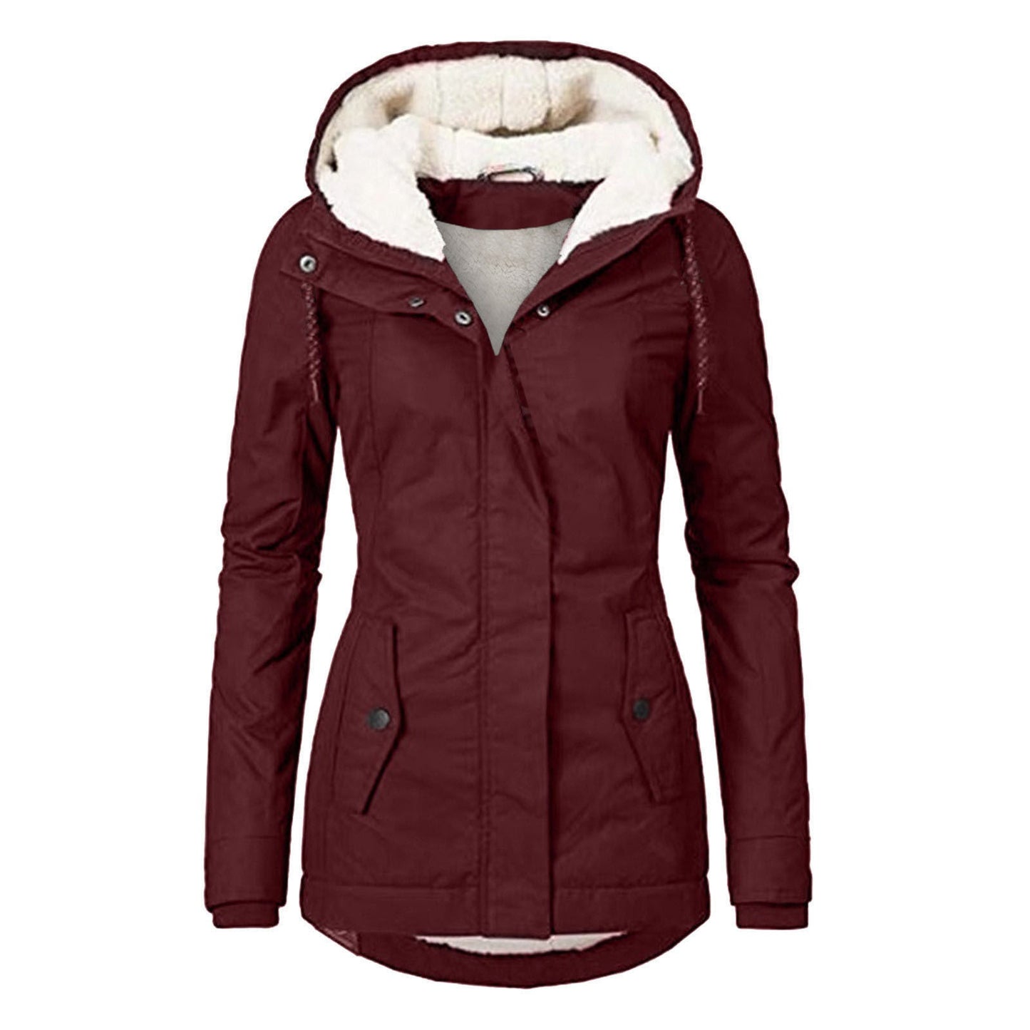 Winter Hooded Jacket Solid Color Warm Buckle Zip-up Fleece Jacket With Pockets Women's Casual Jacket Best YouTube Store
