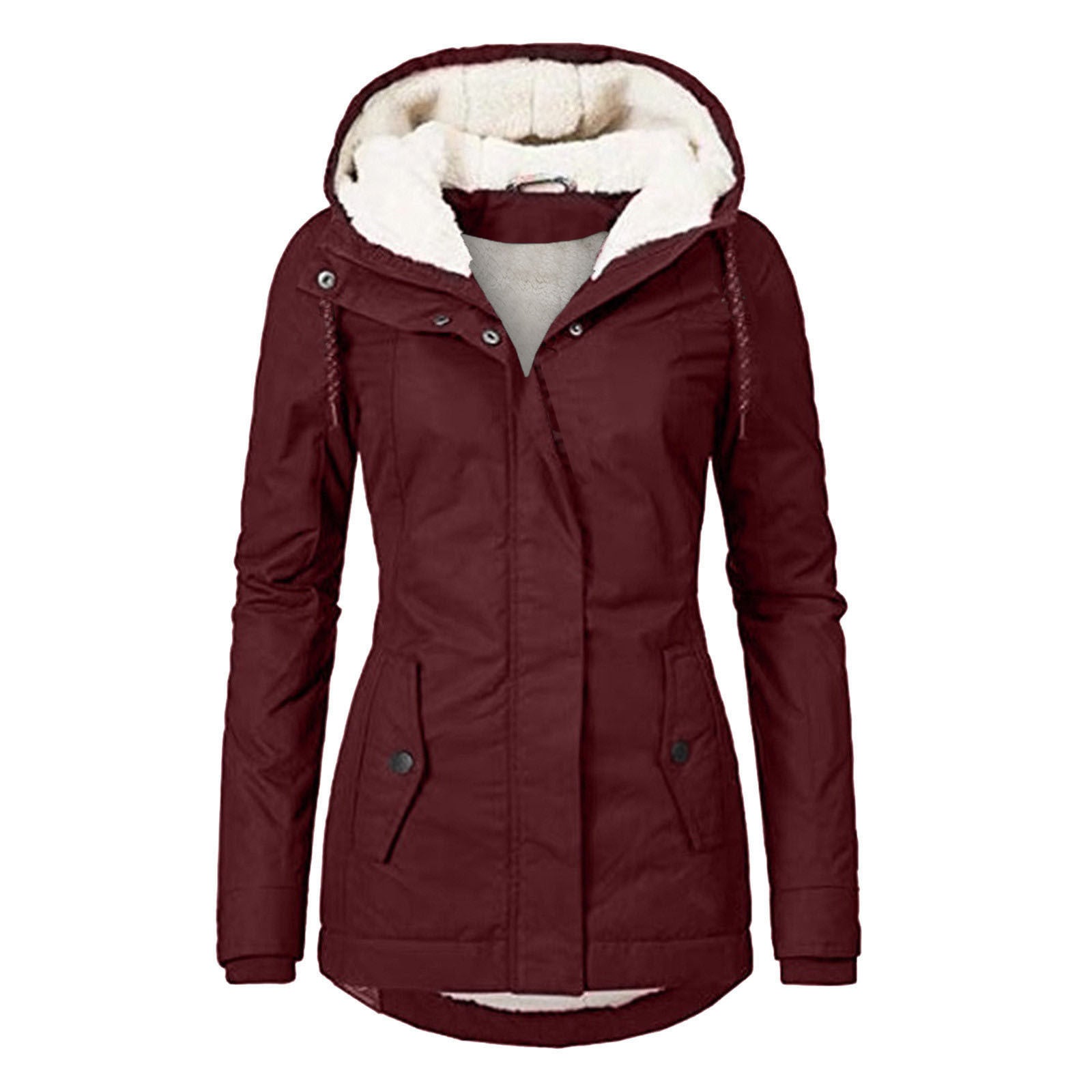 Winter Hooded Jacket Solid Color Warm Buckle Zip-up Fleece Jacket With Pockets Women's Casual Jacket Best YouTube Store