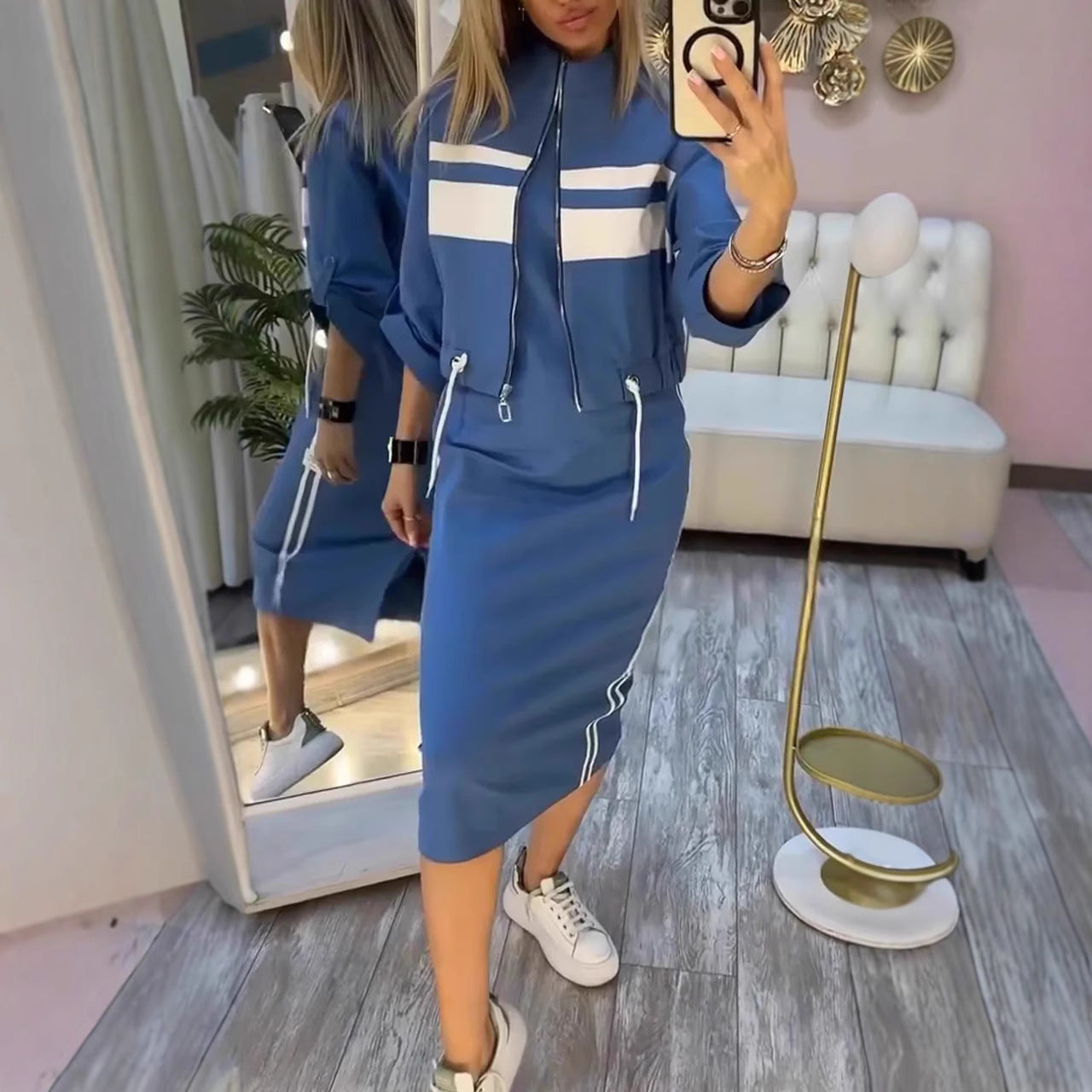 Casual Zipper White Stripe Edge Jacket Coat Dress Women's Suit Accent Plus