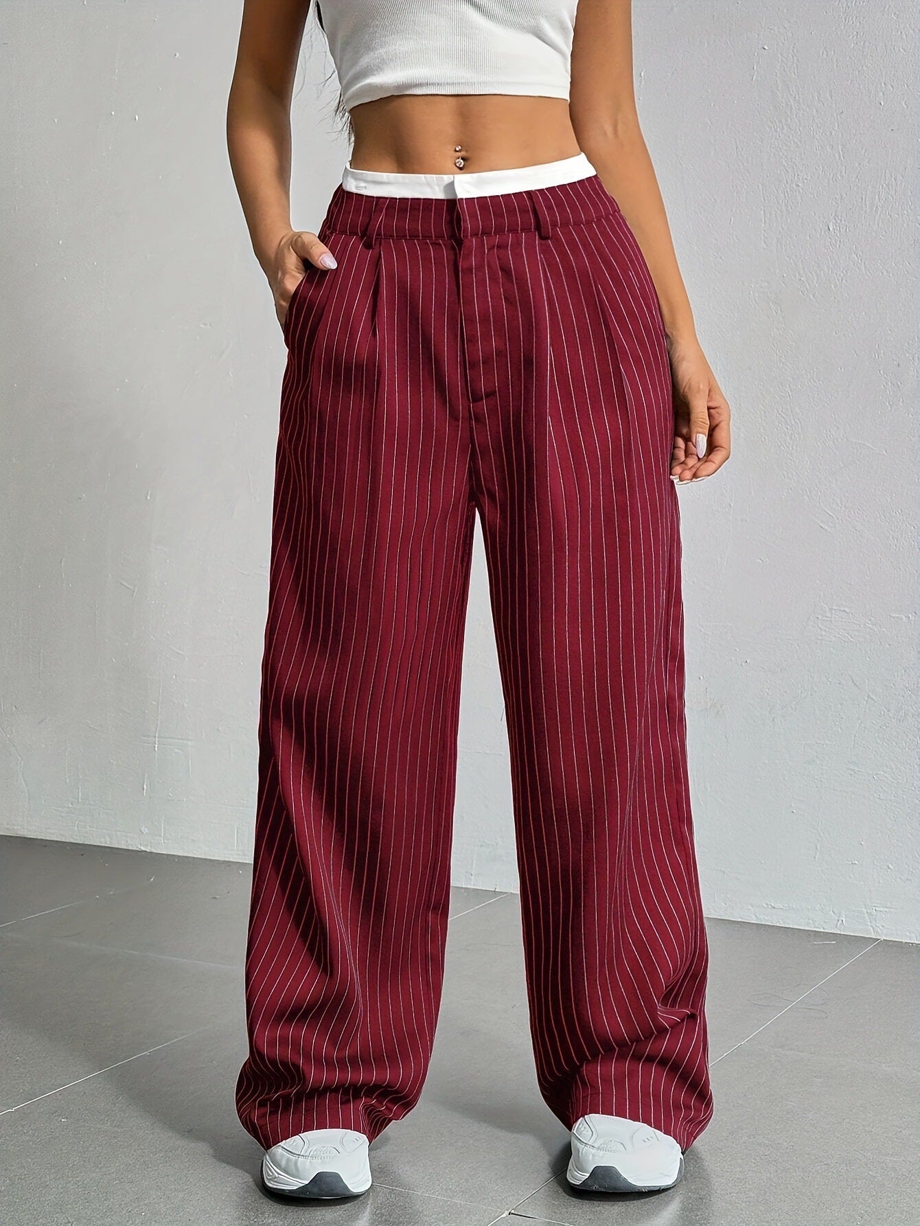Stripe Printed Trousers Fashion High Waist Straight Leg Pants With Pocket Zipper Casual Suit Pants For Women LadyShow.Store