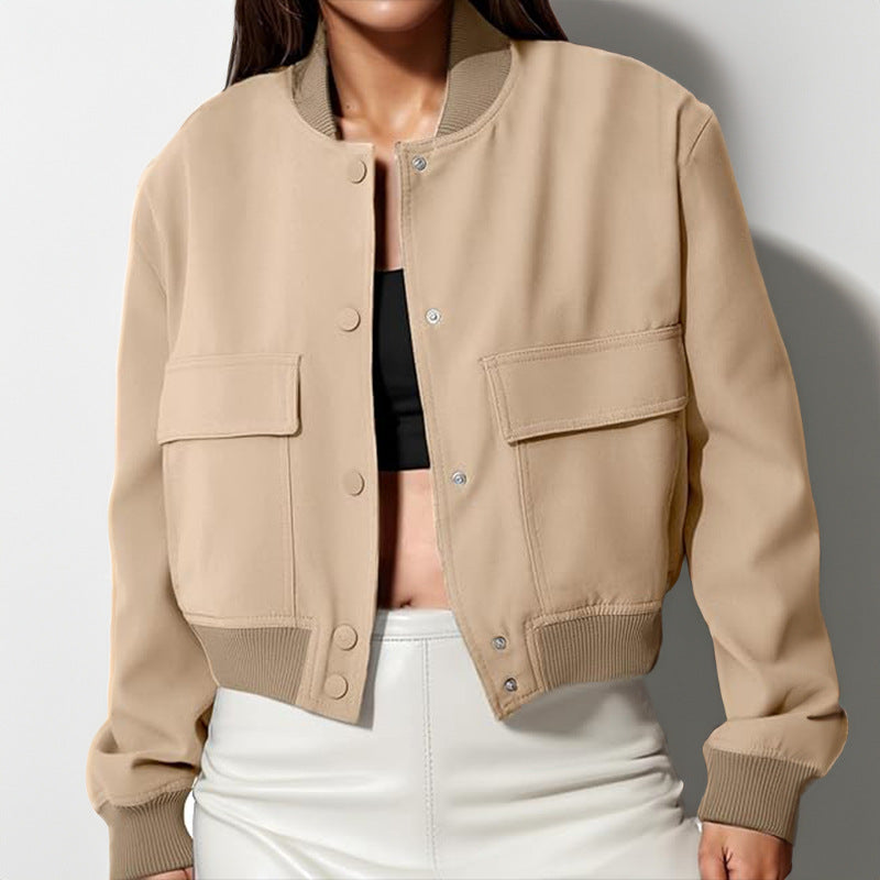 Fashion Button Stand-collar Jacket With Big Pockets Casual Loose Short Outwear Tops Coat For Women Clothing Accent Plus
