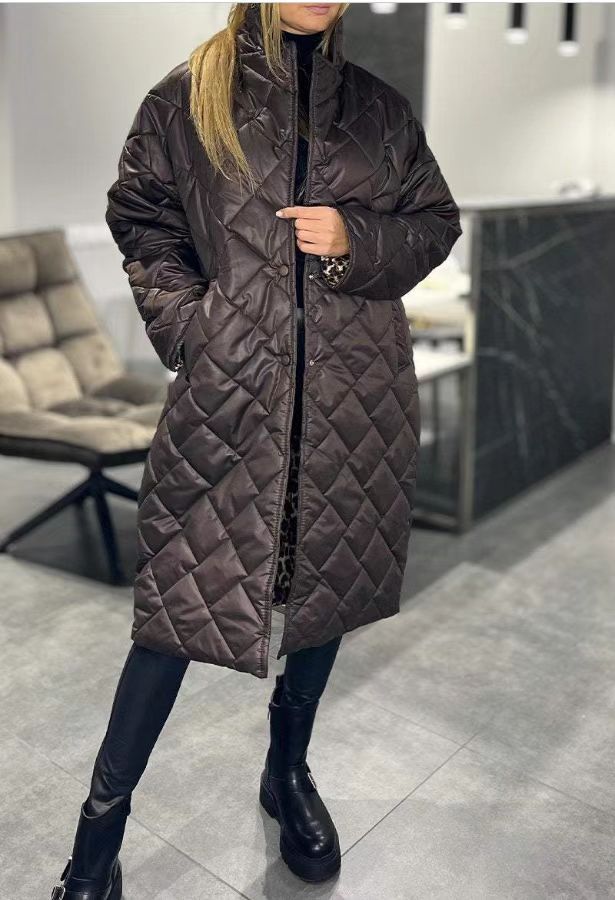 Winter Rhombus Stitching Coat Warm Solid Color Pocket Lapel Long Jacket Women's Clothing LadyShow.Store