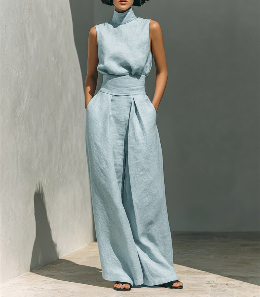 Casual Sleeveless Suit Summer Stand-up Collar Pullover Top And Loose Straight-leg Trousers Women's Clothing LadyShow.Store