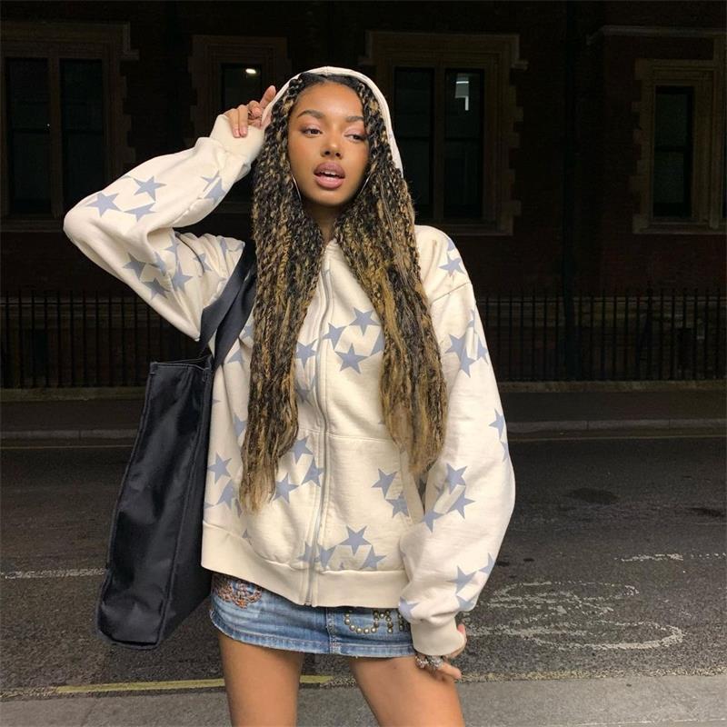Stars Printed Zipper Hooded Cardigan Couple Fashion Outerwear Hoodies Sweatshirt Street Men Women Coat Accent Plus