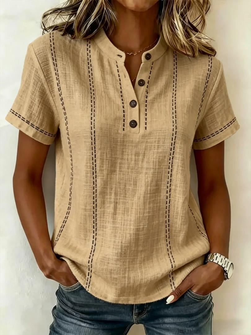 Summer Striped Short-Sleeve Shirts Casual Stand-Collar V-neck Button Blouse Womens Clothing LadyShow.Store