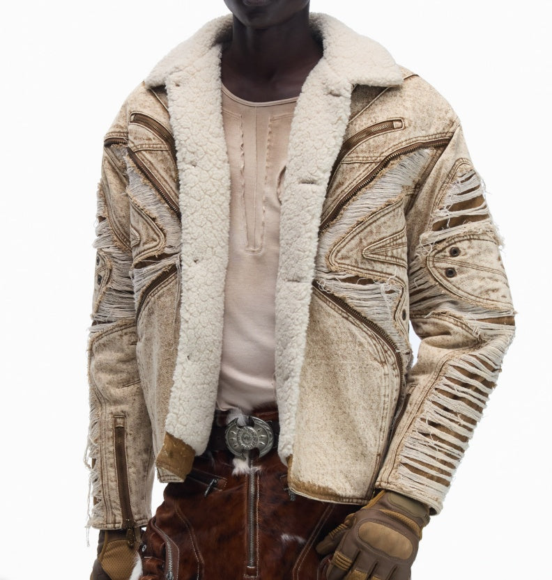 Ravaged And Distressed Apricot Lambswool Denim Jacket LadyShow.Store
