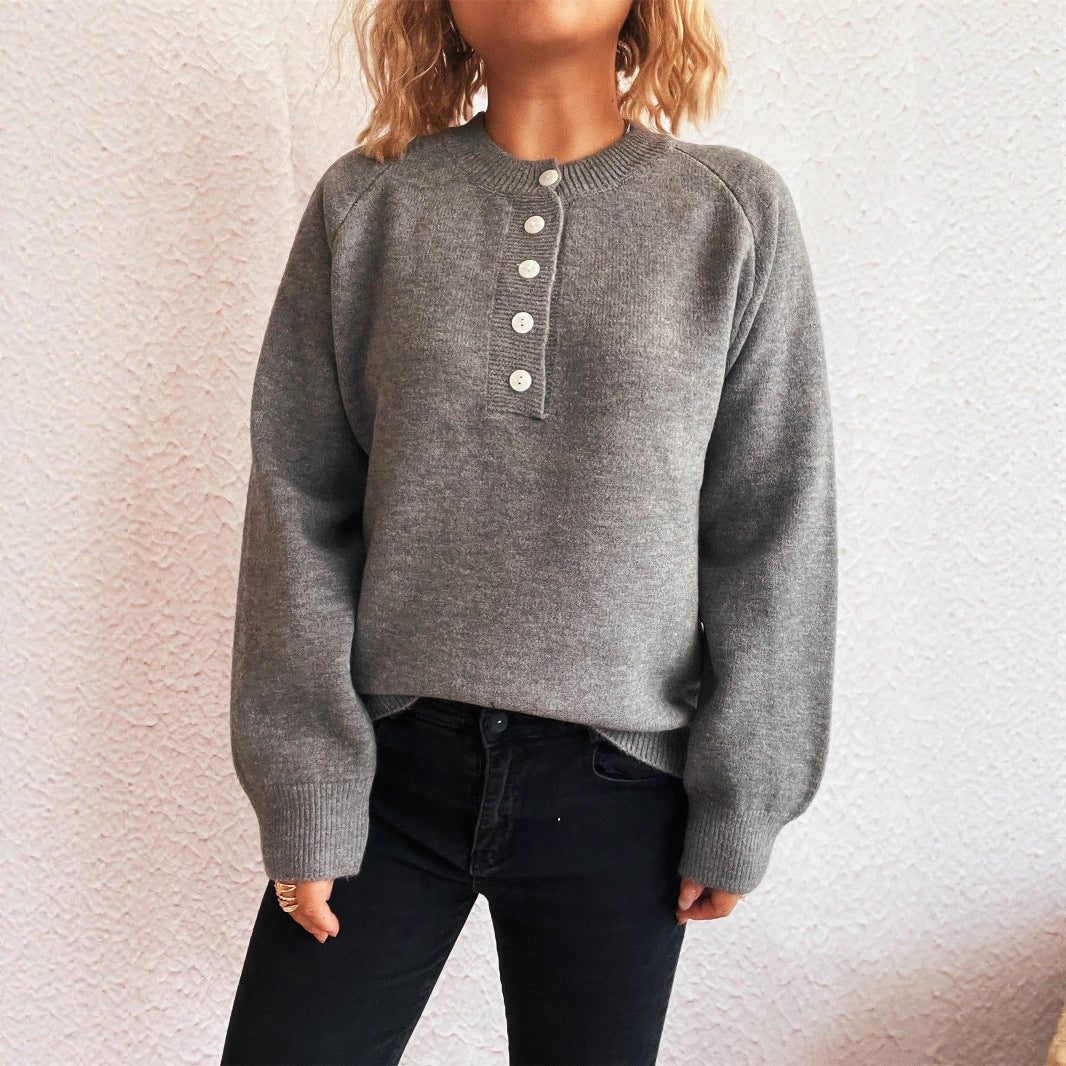 Women's Solid Color Buttons Casual Knitted Round Neck Long Sleeve Warm Sweater LadyShow.Store