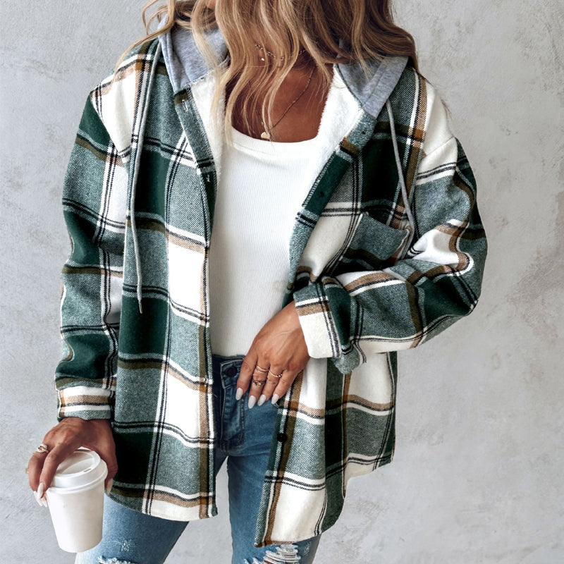 Plaid Hooded Jacket Fashion Casual Button Pocket Coat Autumn And Winter Women's Clothing Accent Plus