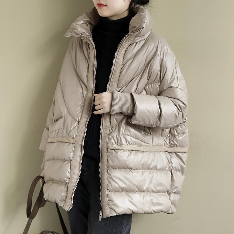 White Duck Down Artistic Stand-up Collar O-type Plus Size Women's Down Jacket Wool Stitching Design Style Accent Plus