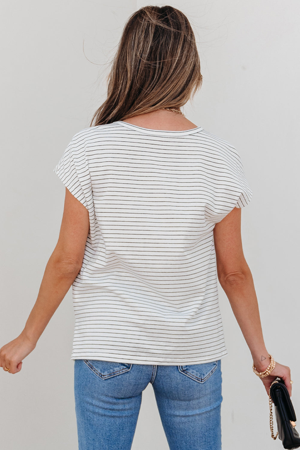 Tilly Stripe Cap Sleeve Crew Neck top Threaded Pear