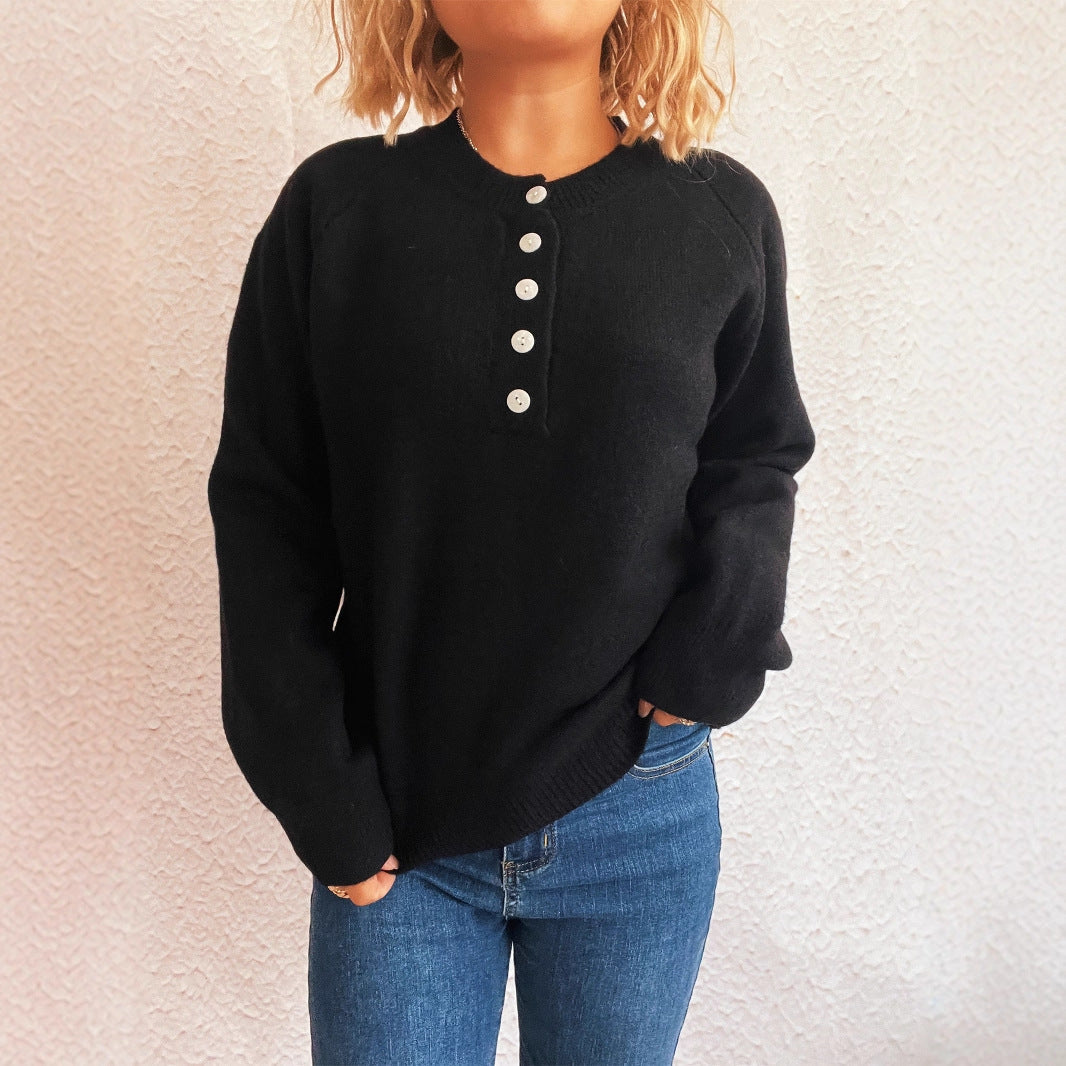 Women's Solid Color Buttons Casual Knitted Round Neck Long Sleeve Warm Sweater LadyShow.Store
