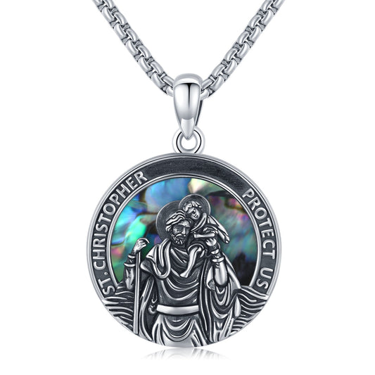 Sterling Silver Round Medal Saint Christopher Pendant Necklace as Catholic Christmas Gifts LadyShow.Store