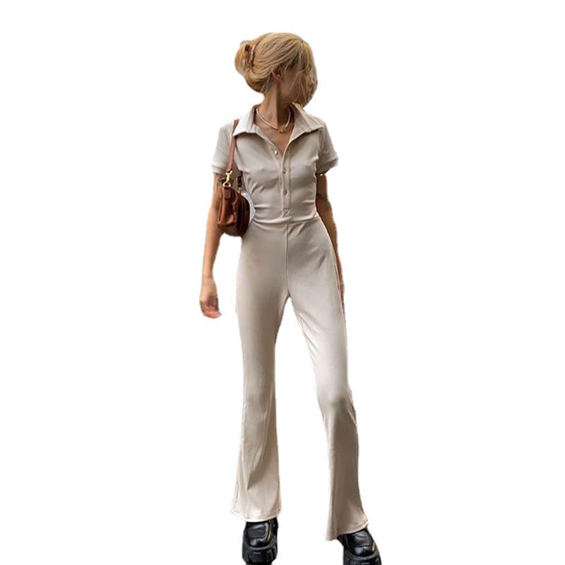 Women's Skinny Backless Lapel Button Jumpsuit LadyShow.Store