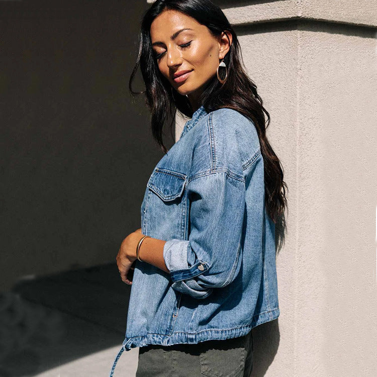 Ladies Denim Jacket Drawstring Loose Ladies Denim Jacket Accent Plus