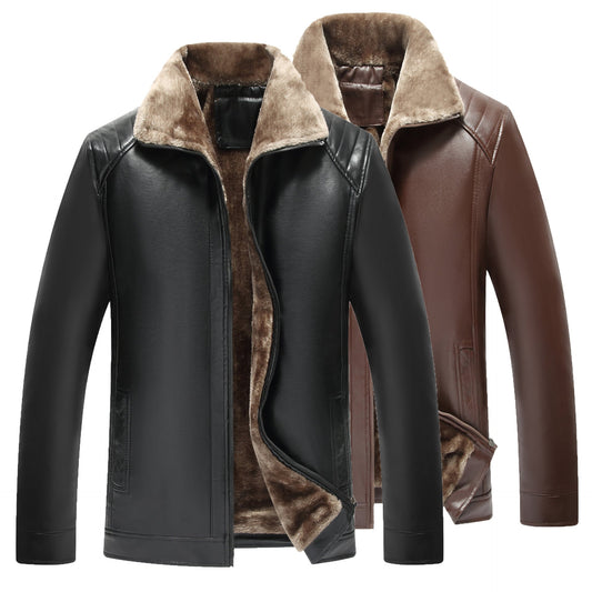 Middle-aged And Elderly Men's Fur-lined Leather Jacket CJD