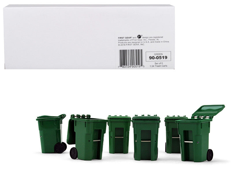 Set of 6 Green Garbage Trash Bin Containers Replica 1/34 Models by First Gear First Gear