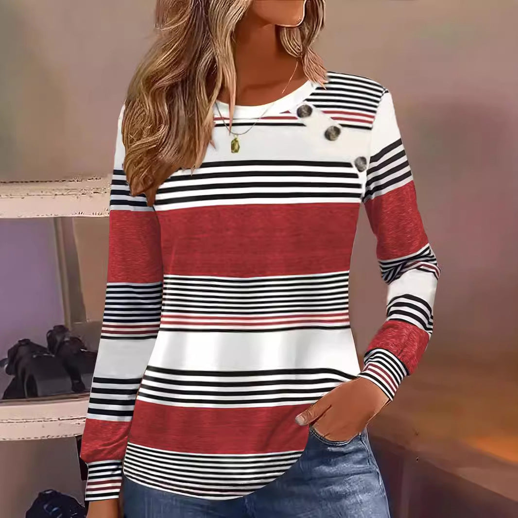 Casual Button Striped Long Sleeve Women's T-shirt Best YouTube Store