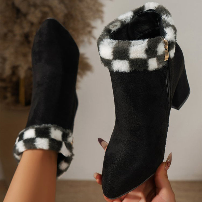 New Plaid Print Plush Ankle Boots Winter Fashoin Square Heel Suede Boots Women Casual Versatile Shoes Autumn And Winter Best YouTube Store