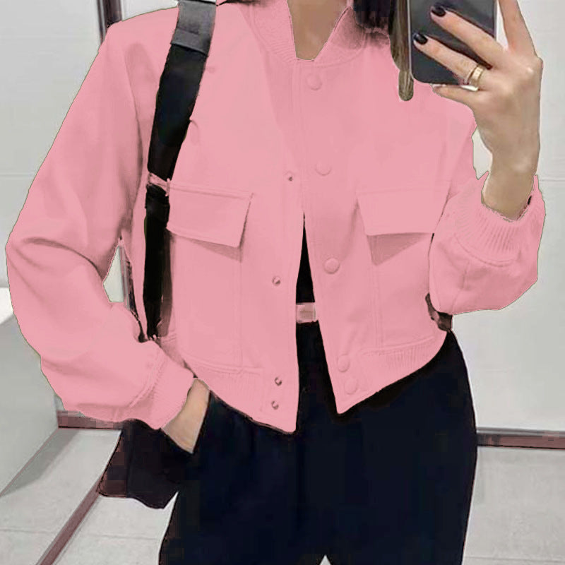 Fashion Button Stand-collar Jacket With Big Pockets Casual Loose Short Outwear Tops Coat For Women Clothing Accent Plus