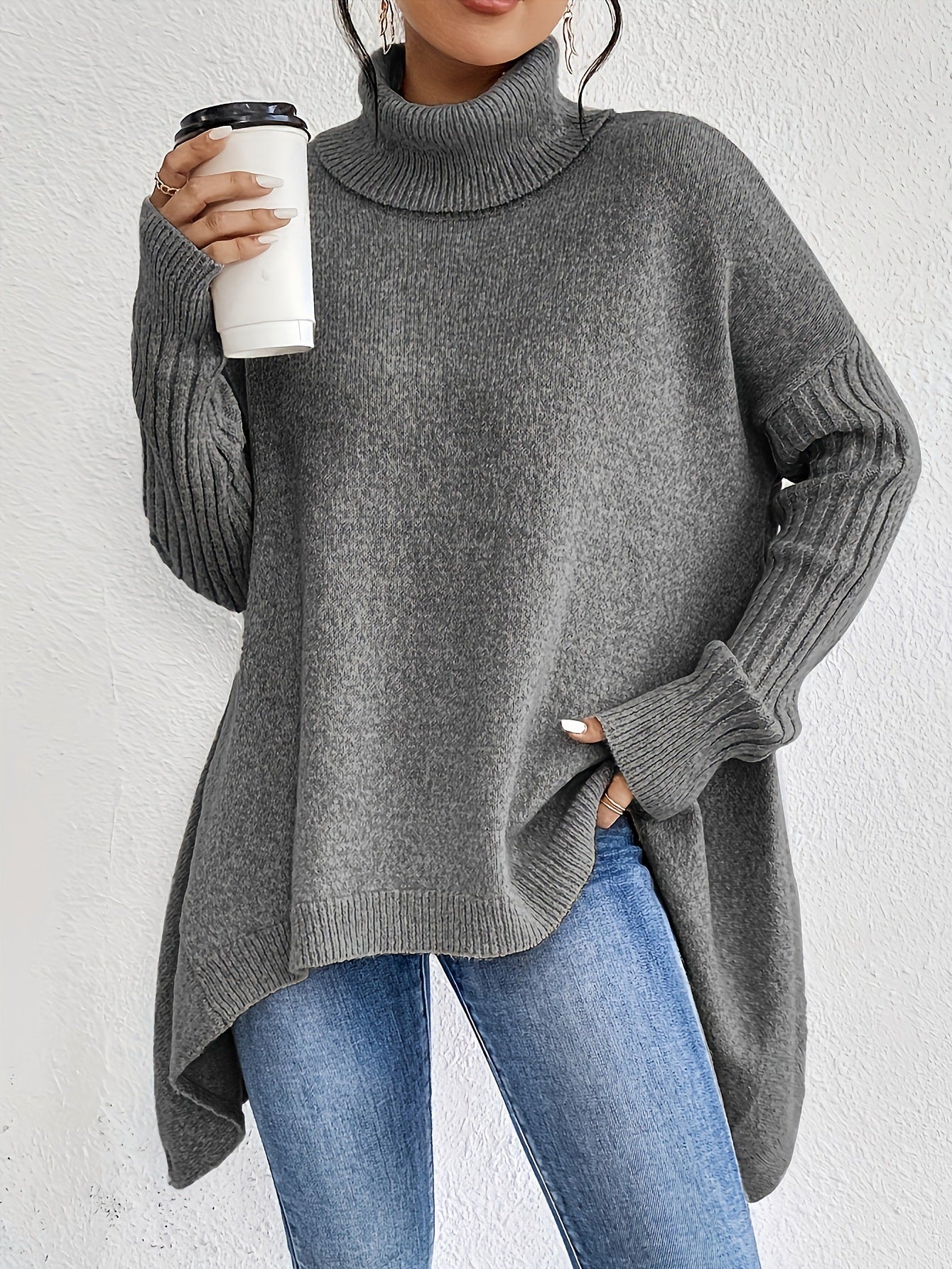 Irregular Turtleneck Sweater Winter Loose Long Sleeve Knitted Tops Leisure Warm Pullover Sweater Women's Clothing Best YouTube Store