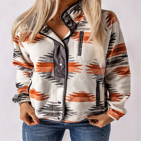 Winter Women's Printed Cardigan Jacket Fashion Color Contrast Fleece Coat Accent Plus