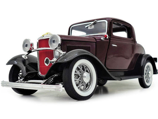 1932 Ford 3-Window Coupe Burgundy with Black Top 1/18 Diecast Model Car by Road Signature Road Signature