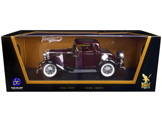 1932 Ford 3-Window Coupe Burgundy with Black Top 1/18 Diecast Model Car by Road Signature Road Signature