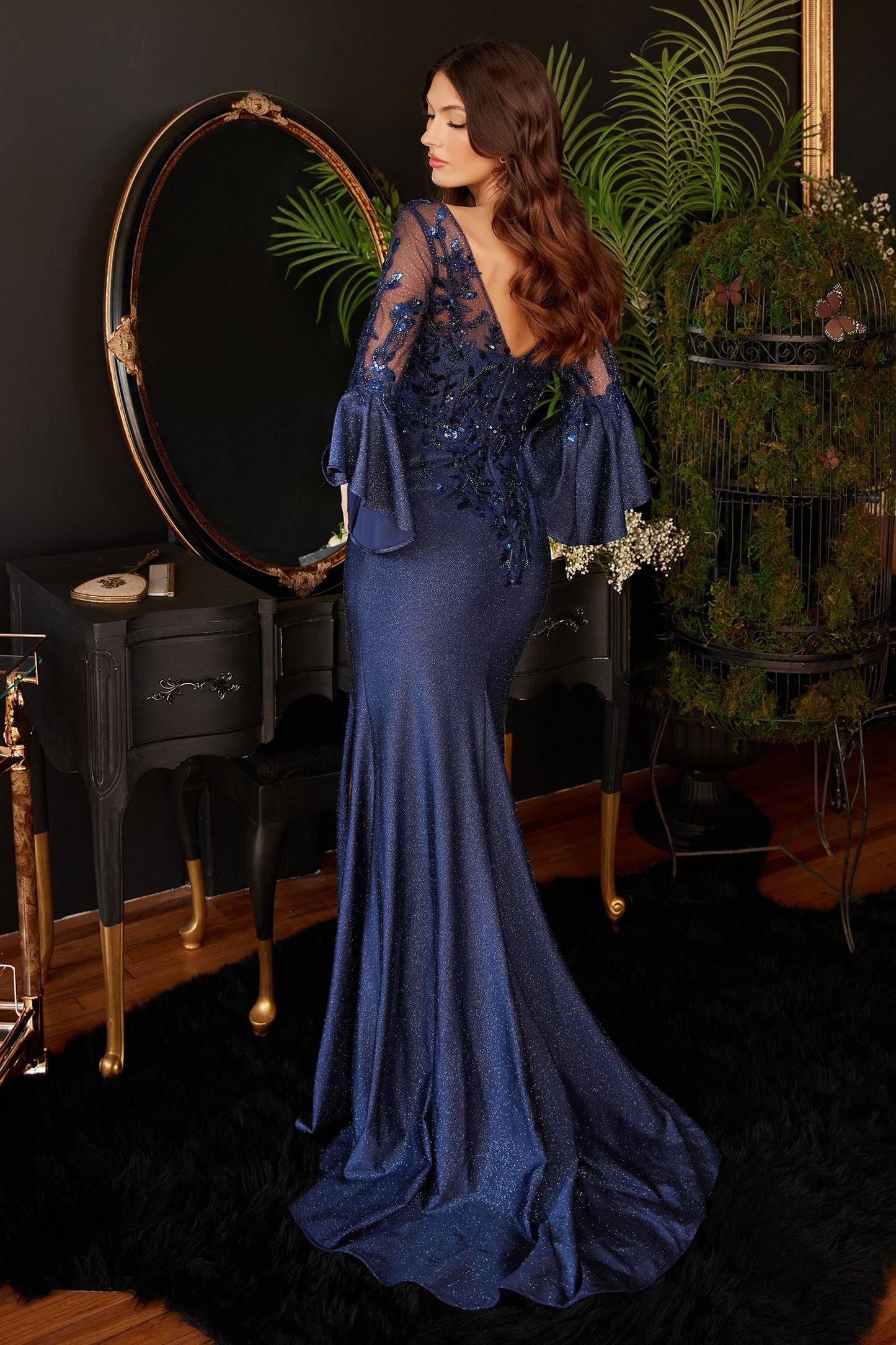 Long Bell Sleeve Lace & Satin Gown Tux-USA