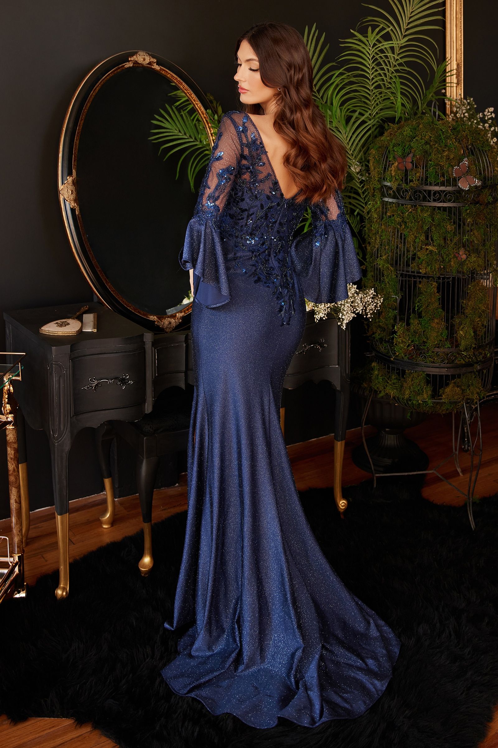 Long Bell Sleeve Lace & Satin Gown Tux-USA